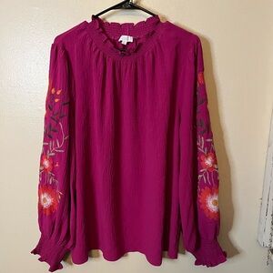 Vibrant Fuchsia Blouse with Floral Embroidery